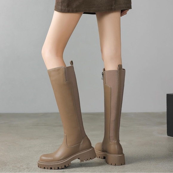 Taupe Khaki Women's Knee High Boots Chunky Platform Lug Sole Tall Riding Stretch - Picture 3 of 6